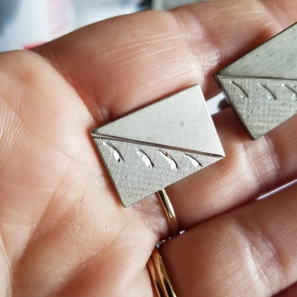 Vintage cuff links silver tone rectangular diagonal lines cufflinks mens jewelry